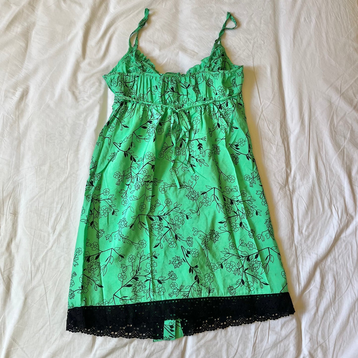 2000s green tie back floral lace trim mini dress NWT deadstock