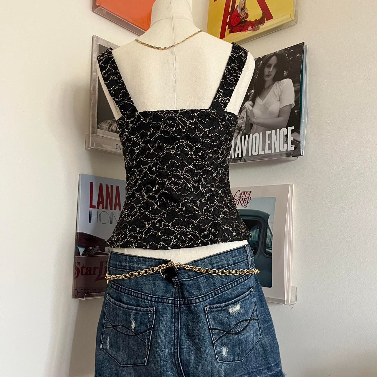 vintage black and gold button up embroidered bustier style cami