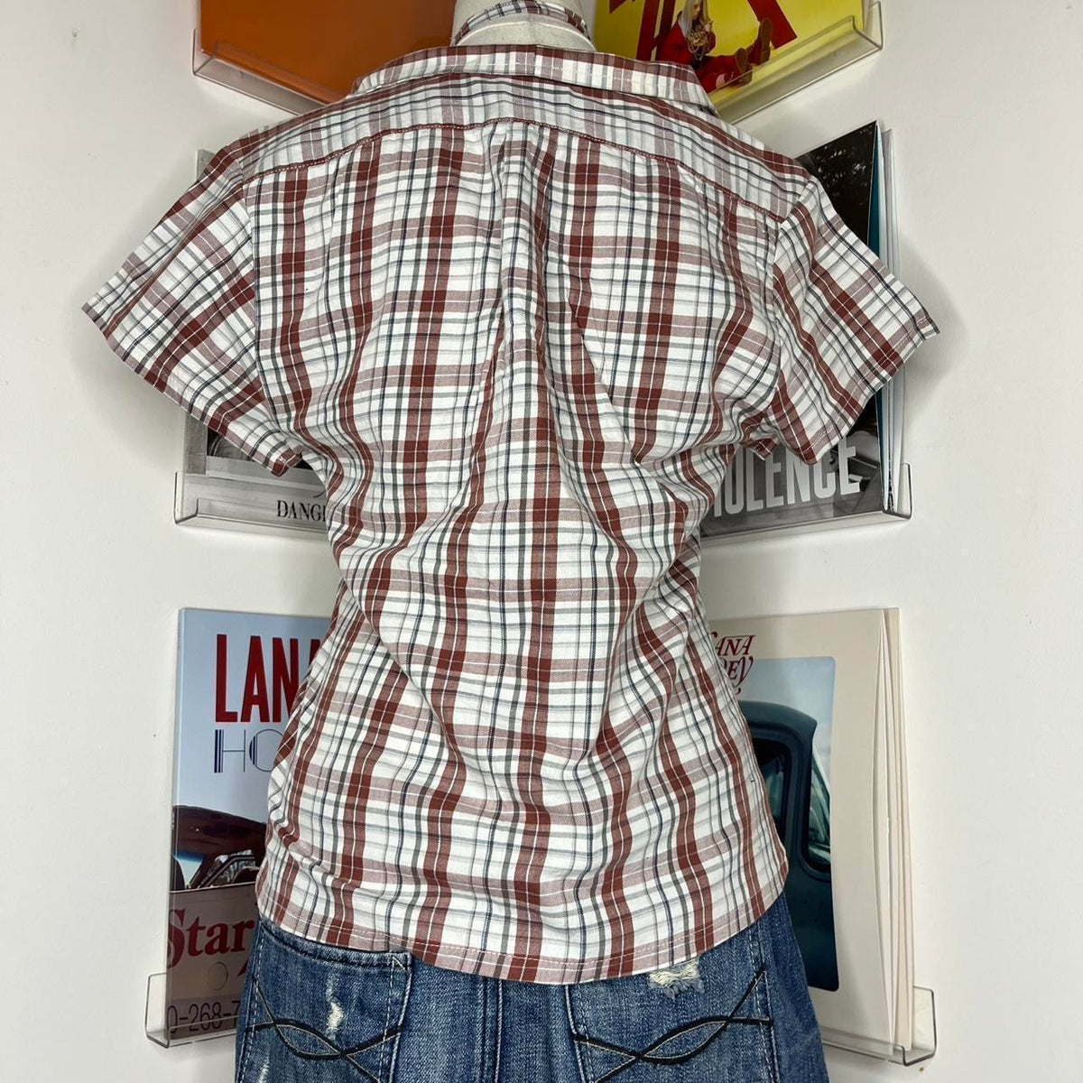 vintage handmade reworked white red plaid check collar shirt with neck tie