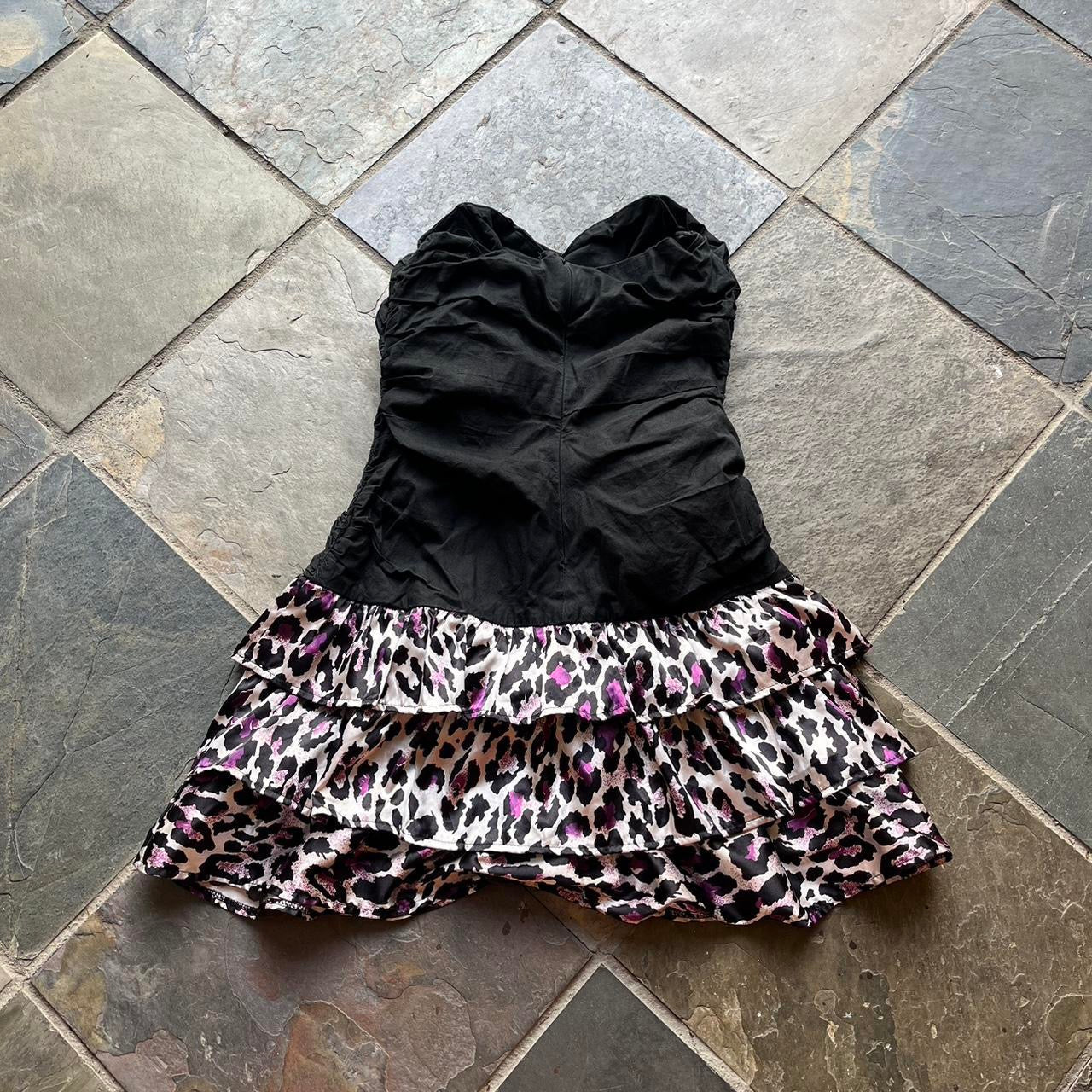 2000s strapless puffy mini leopard print mini dress