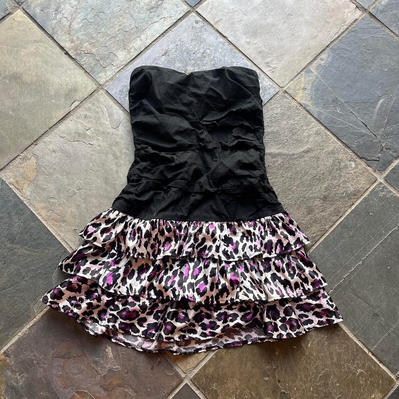 2000s strapless puffy mini leopard print mini dress