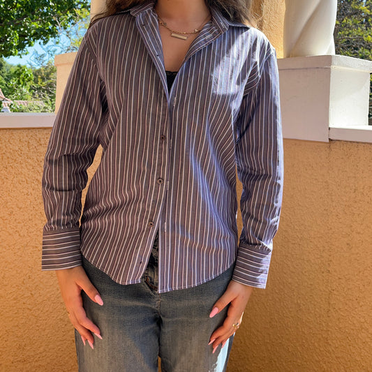 grey purple pinstripe long sleeve shirt