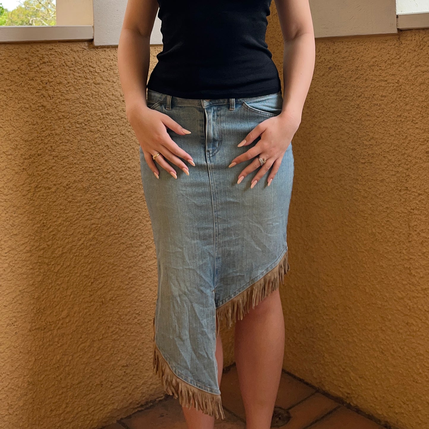 cowgirl denim assymetrical midi skirt