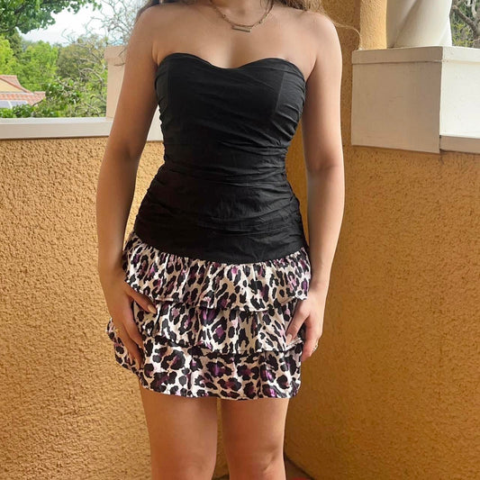 2000s strapless leopard print mini dress with puffy design. Perfect Y2K vintage style for bold festival, party, or night-out looks.