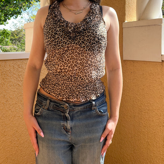 leopard print ruffle mesh sleeveless blouse