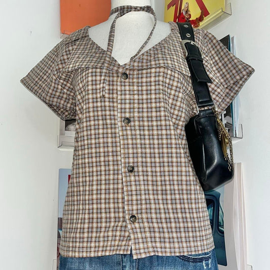 vintage handmade reworked brown plaid check collar shirt with neck tie