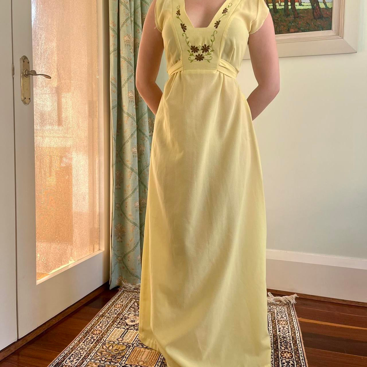 vintage handmade yellow belle embroidered tie back dress