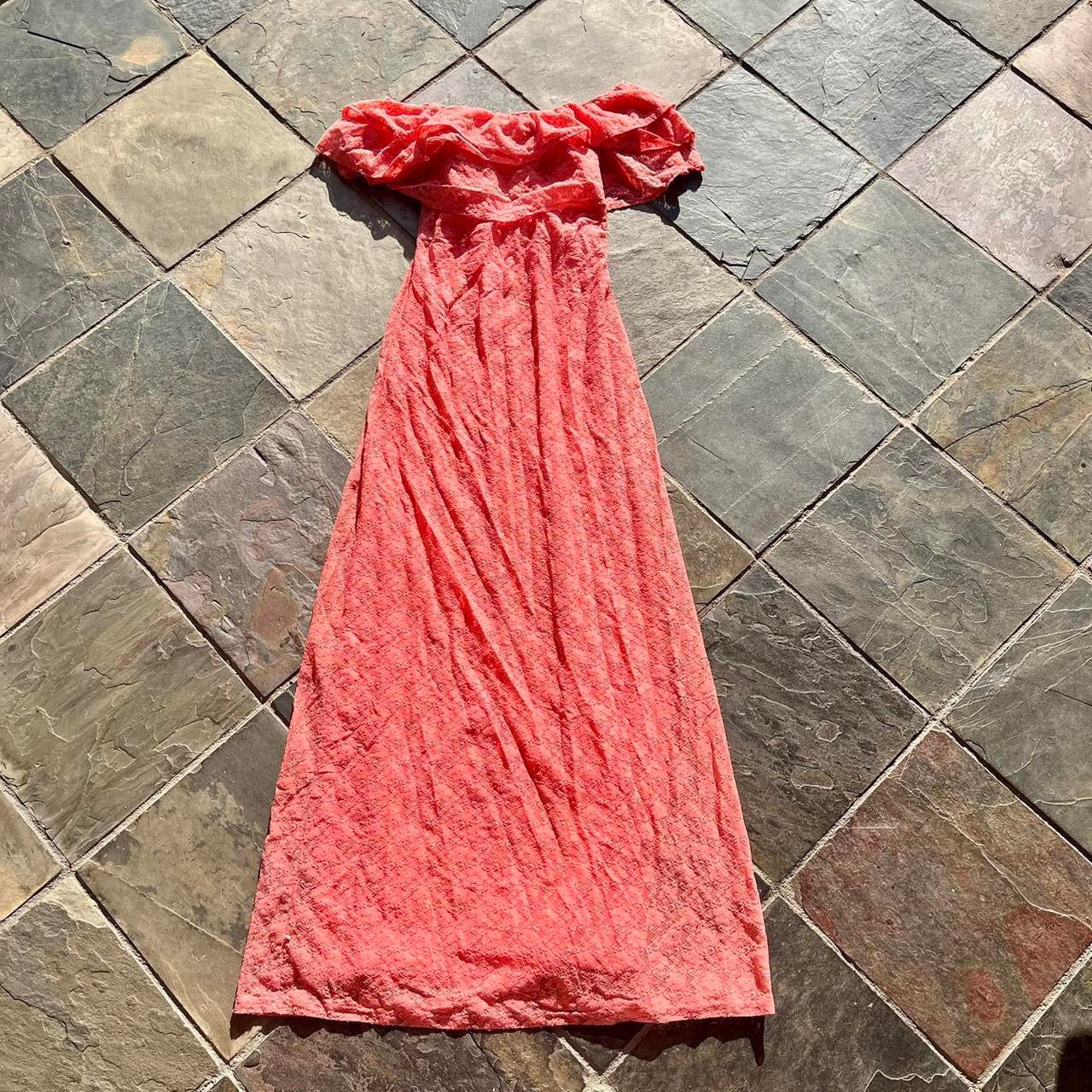 vintage peach pink off the shoulder lace maxi dress