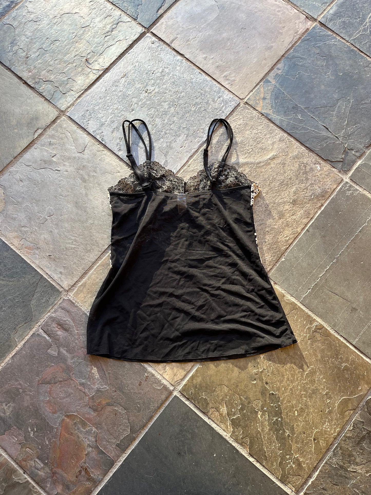 black mesh tank with white lace detailing