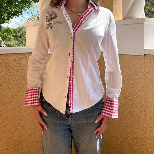 y2k button up shirt with pink checkered details