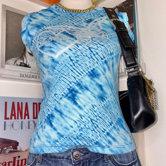 2000s y2k blue tie dye graphic tank