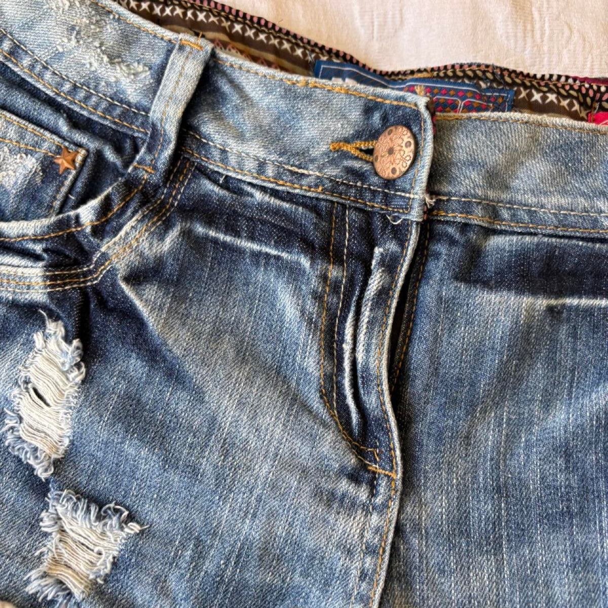 vintage 2000s y2k festival boho fleece trim denim shorts