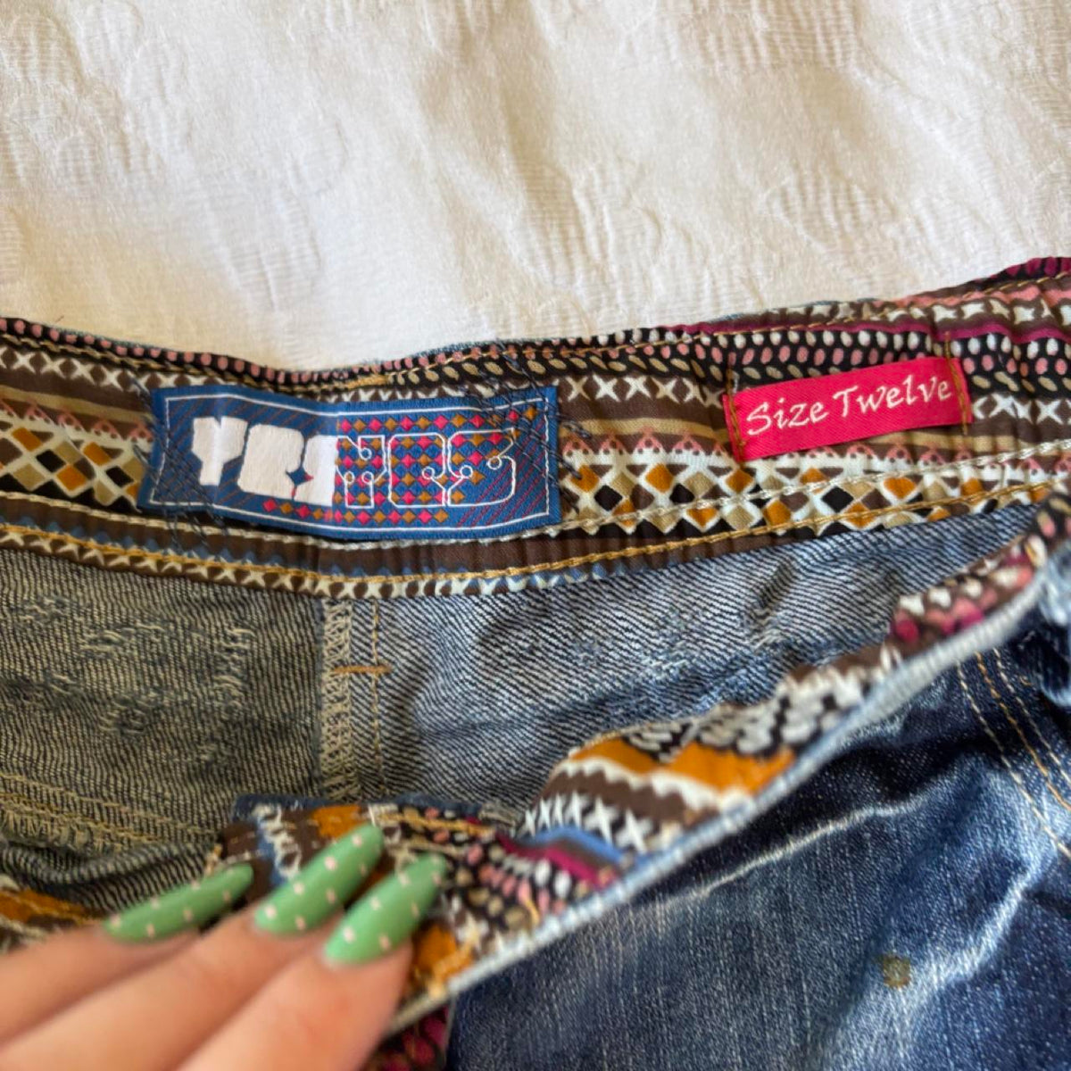 vintage 2000s y2k festival boho fleece trim denim shorts