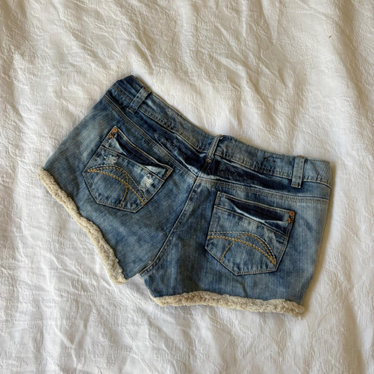 vintage 2000s y2k festival boho fleece trim denim shorts