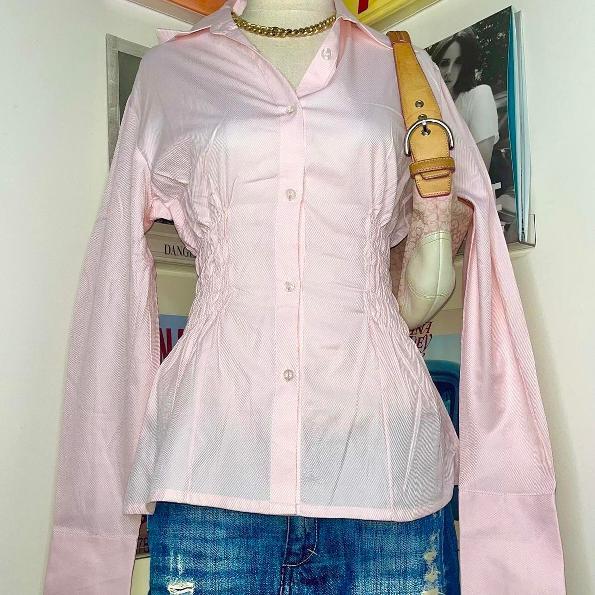 handmade reworked pink pinstripe shirred long sleeve shirt