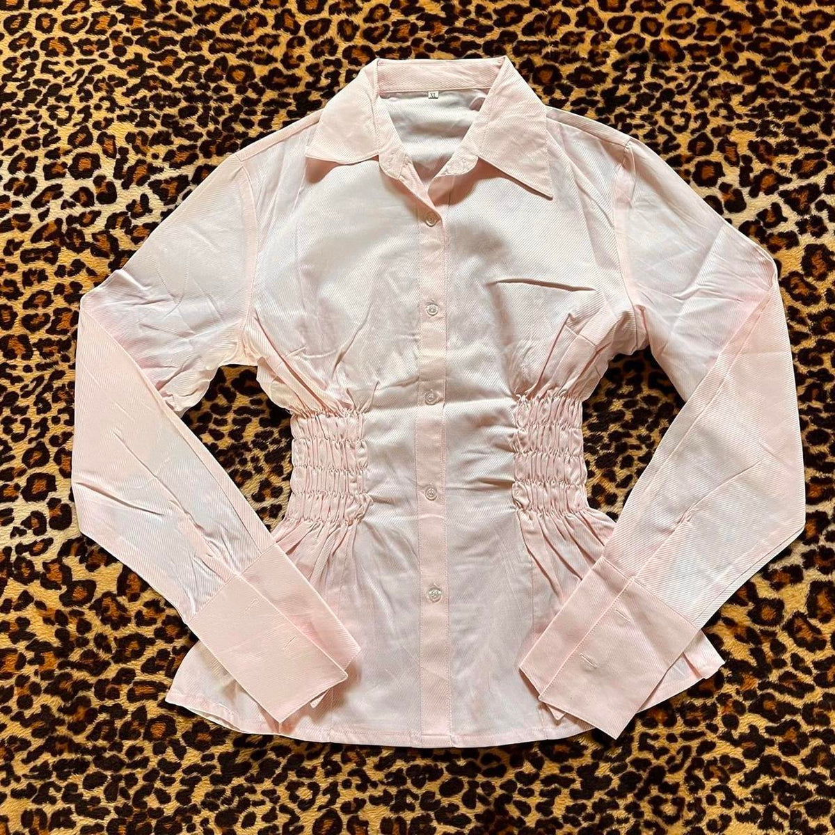 handmade reworked pink pinstripe shirred long sleeve shirt