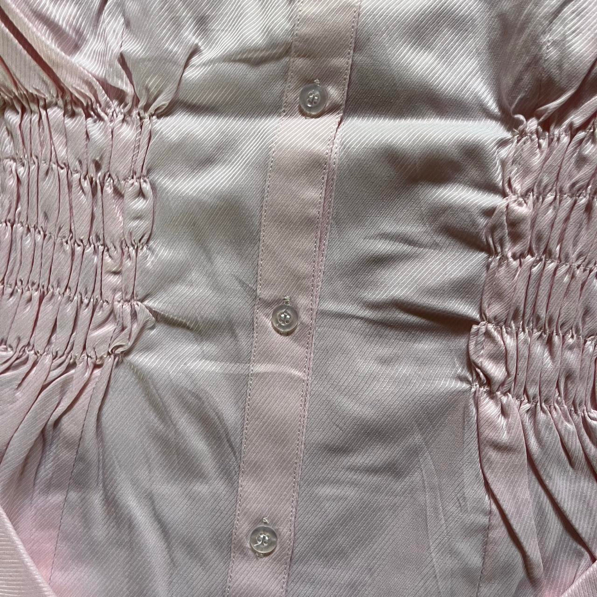 handmade reworked pink pinstripe shirred long sleeve shirt
