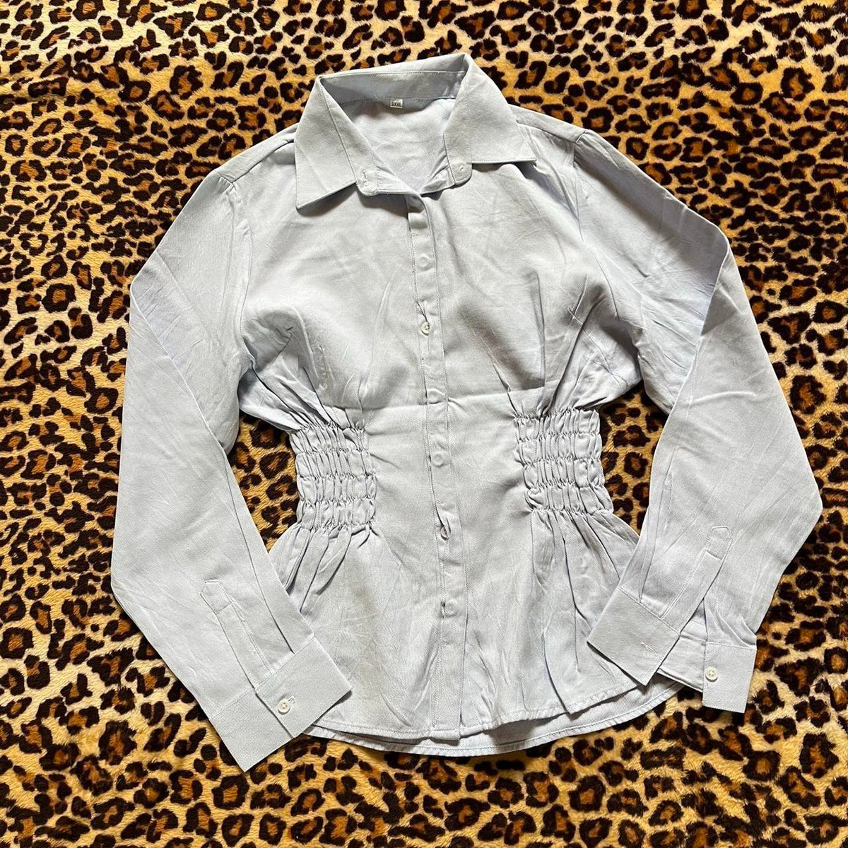 handmade reworked blue white pinstripe shirred long sleeve shirt