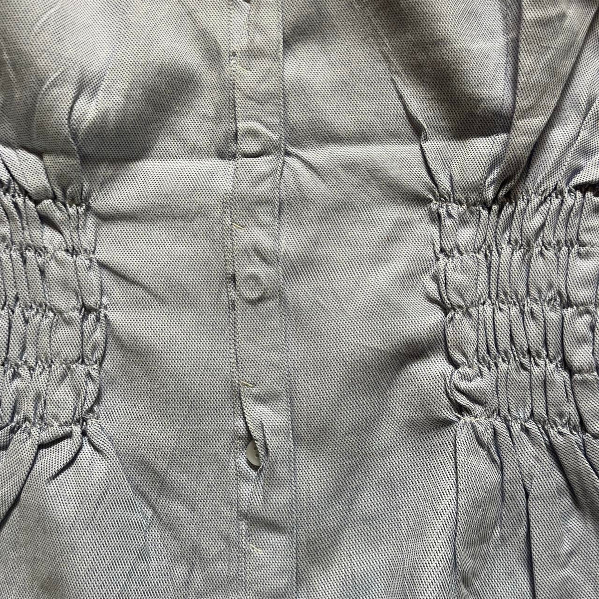 handmade reworked blue white pinstripe shirred long sleeve shirt