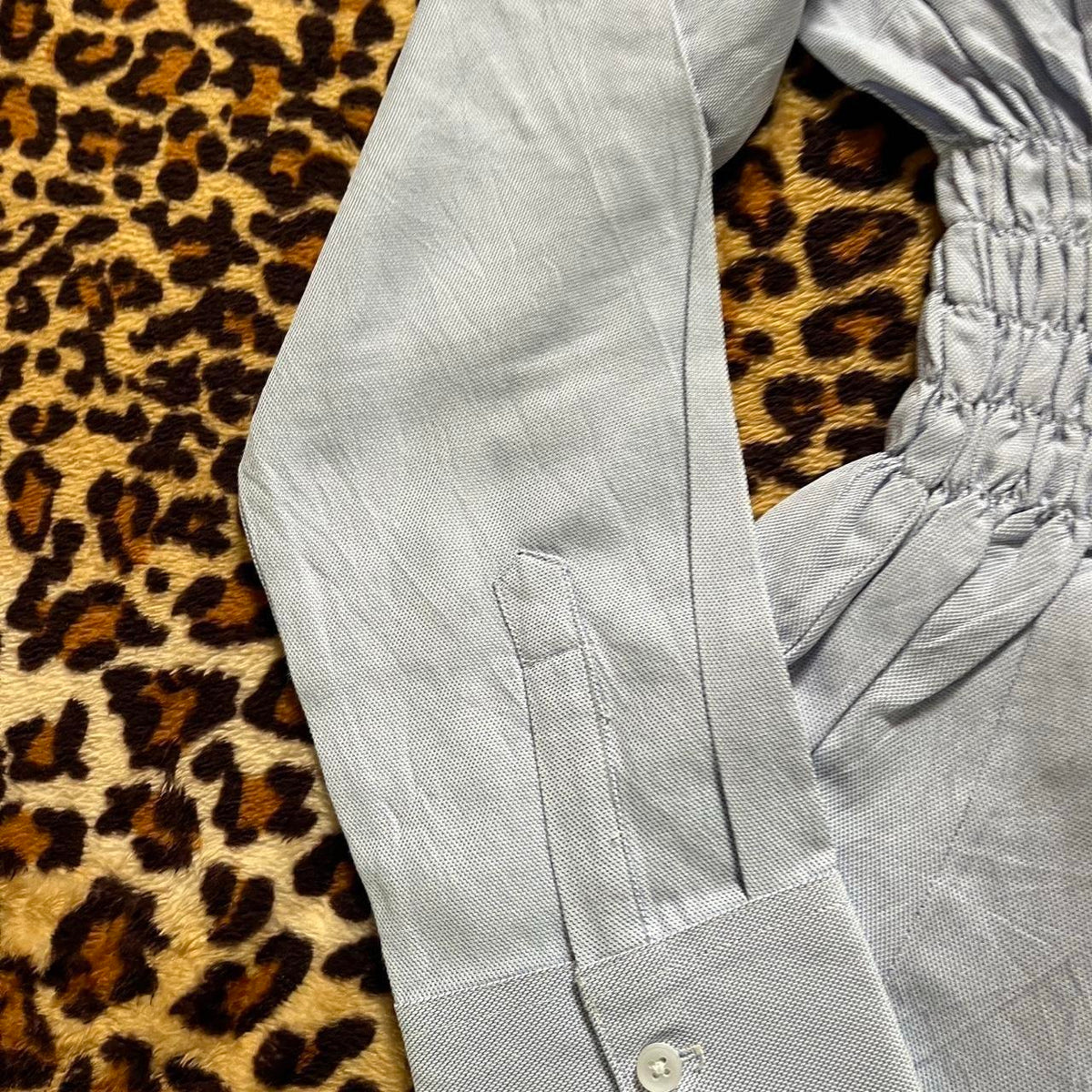 handmade reworked blue white pinstripe shirred long sleeve shirt