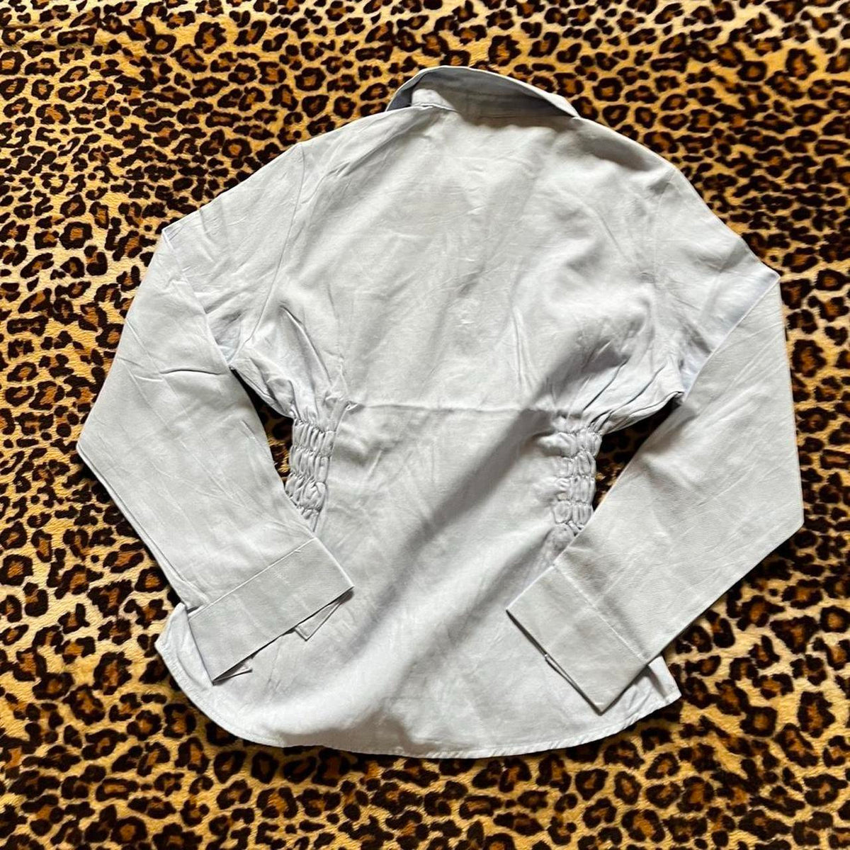 handmade reworked blue white pinstripe shirred long sleeve shirt