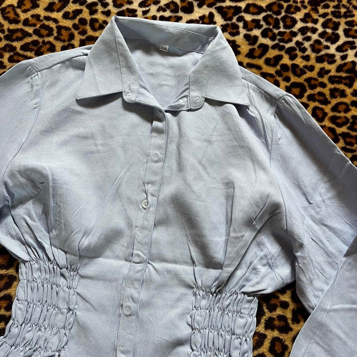handmade reworked blue white pinstripe shirred long sleeve shirt