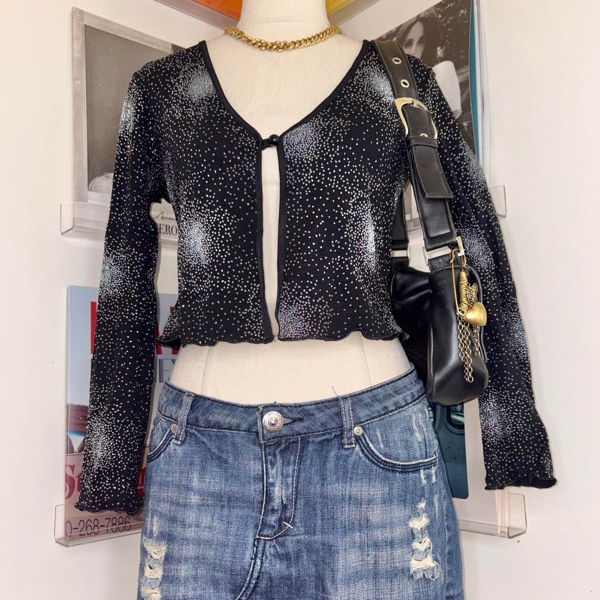 vintage 90s black glitter sparkle crop cardigan