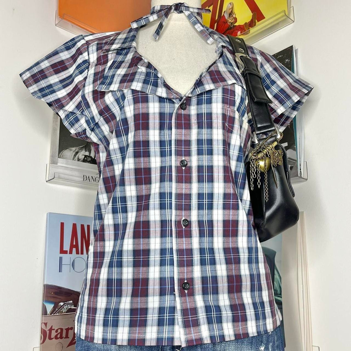 vintage handmade reworked red blue plaid check collar shirt with neck tie