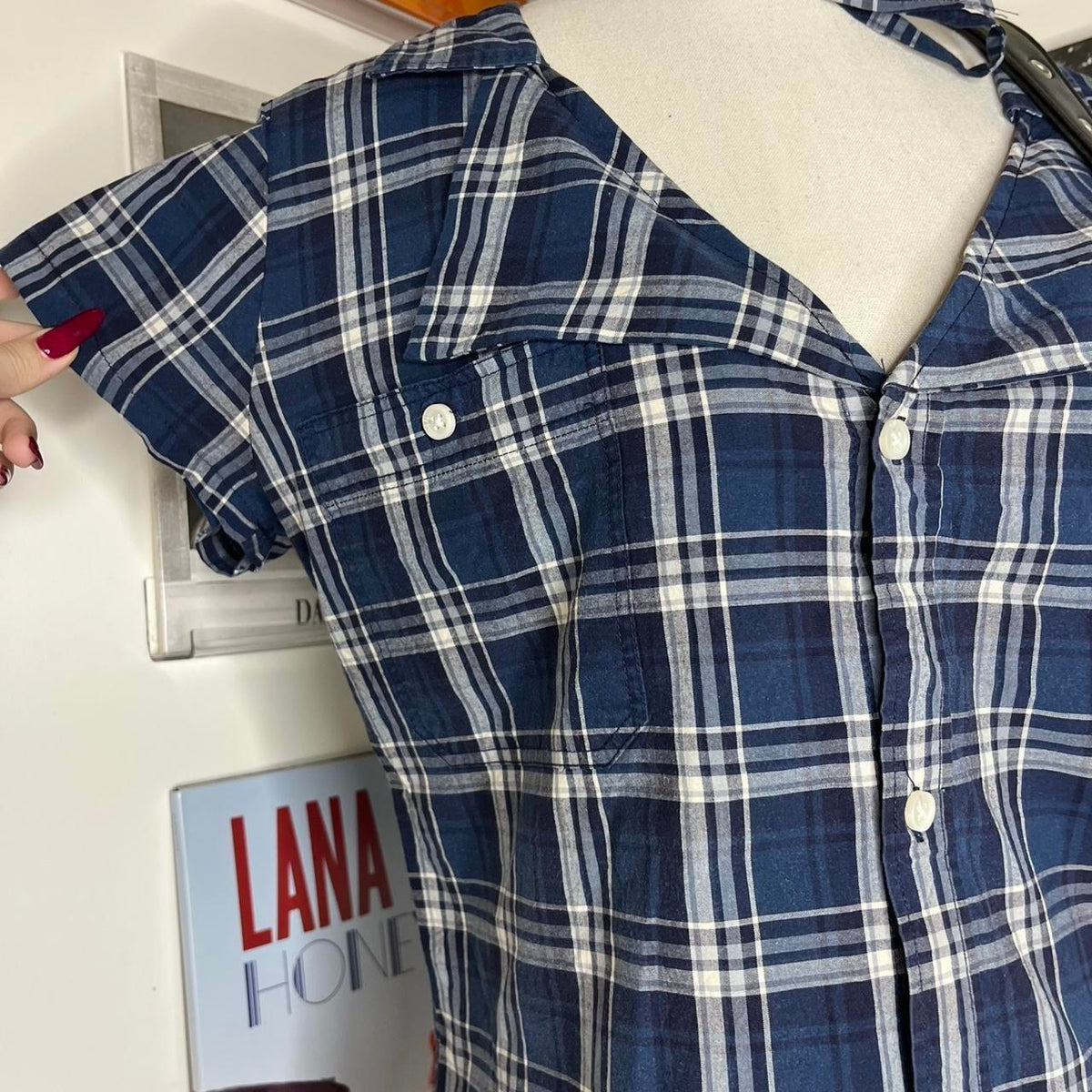 vintage handmade reworked blue plaid check collar shirt with neck tie
