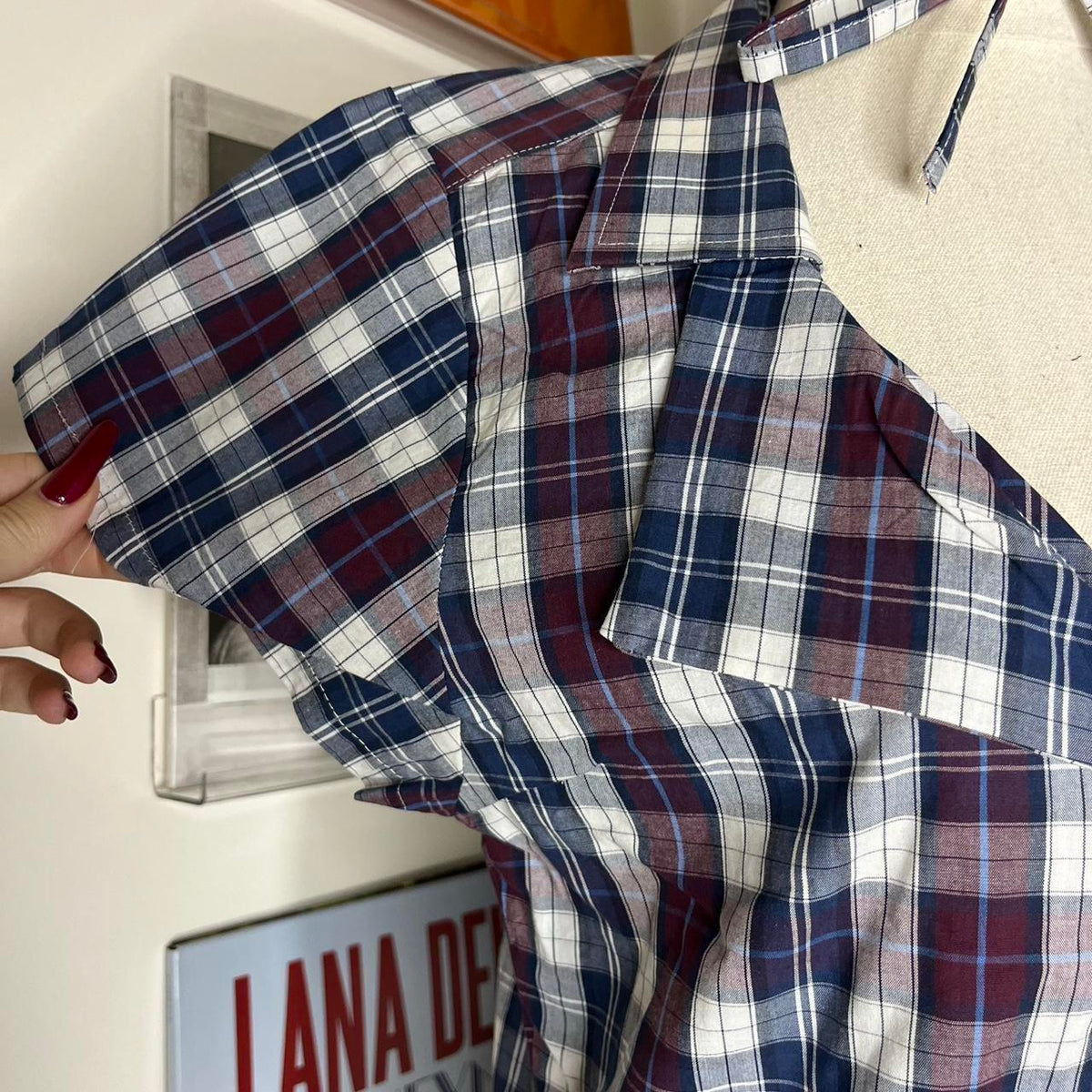 vintage handmade reworked red blue plaid check collar shirt with neck tie