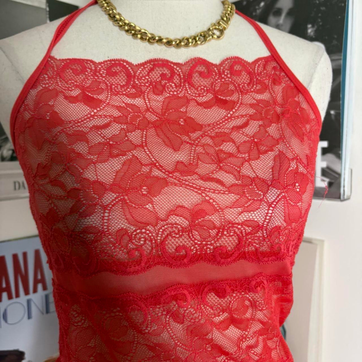 y2k style red lace lingerie halter short dress
