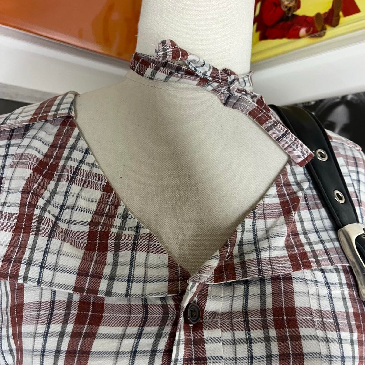 vintage handmade reworked white red plaid check collar shirt with neck tie