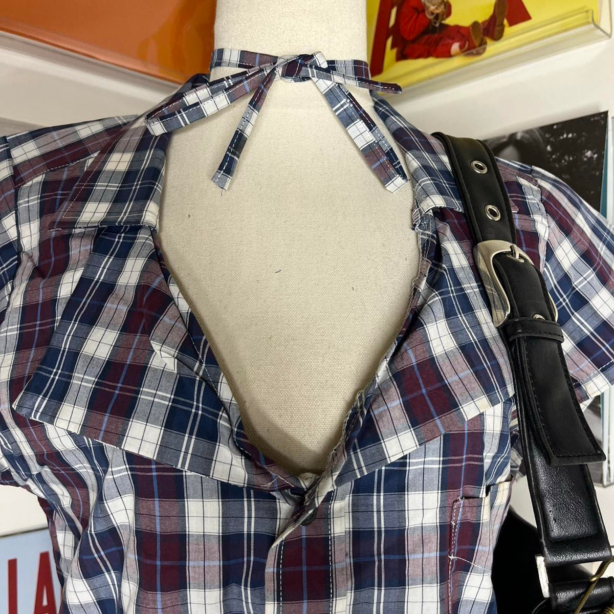 vintage handmade reworked red blue plaid check collar shirt with neck tie