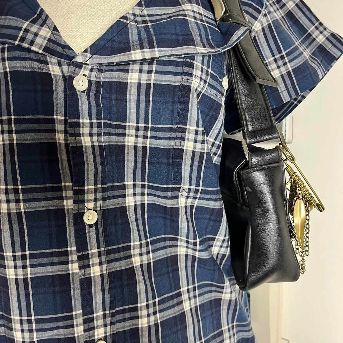vintage handmade reworked blue plaid check collar shirt with neck tie