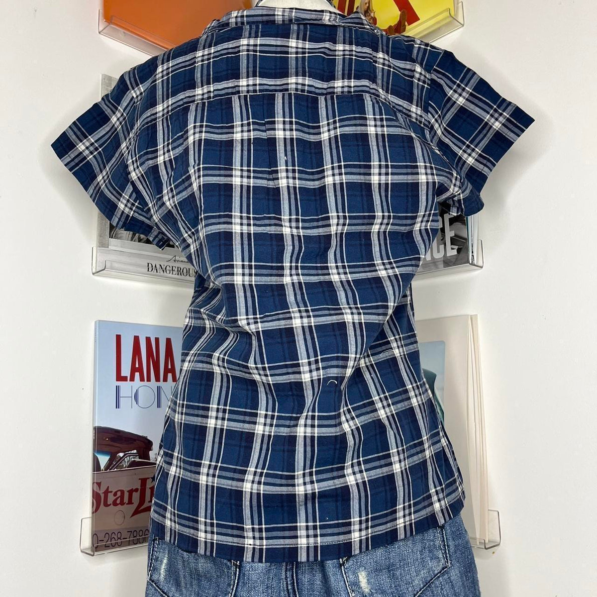 vintage handmade reworked blue plaid check collar shirt with neck tie