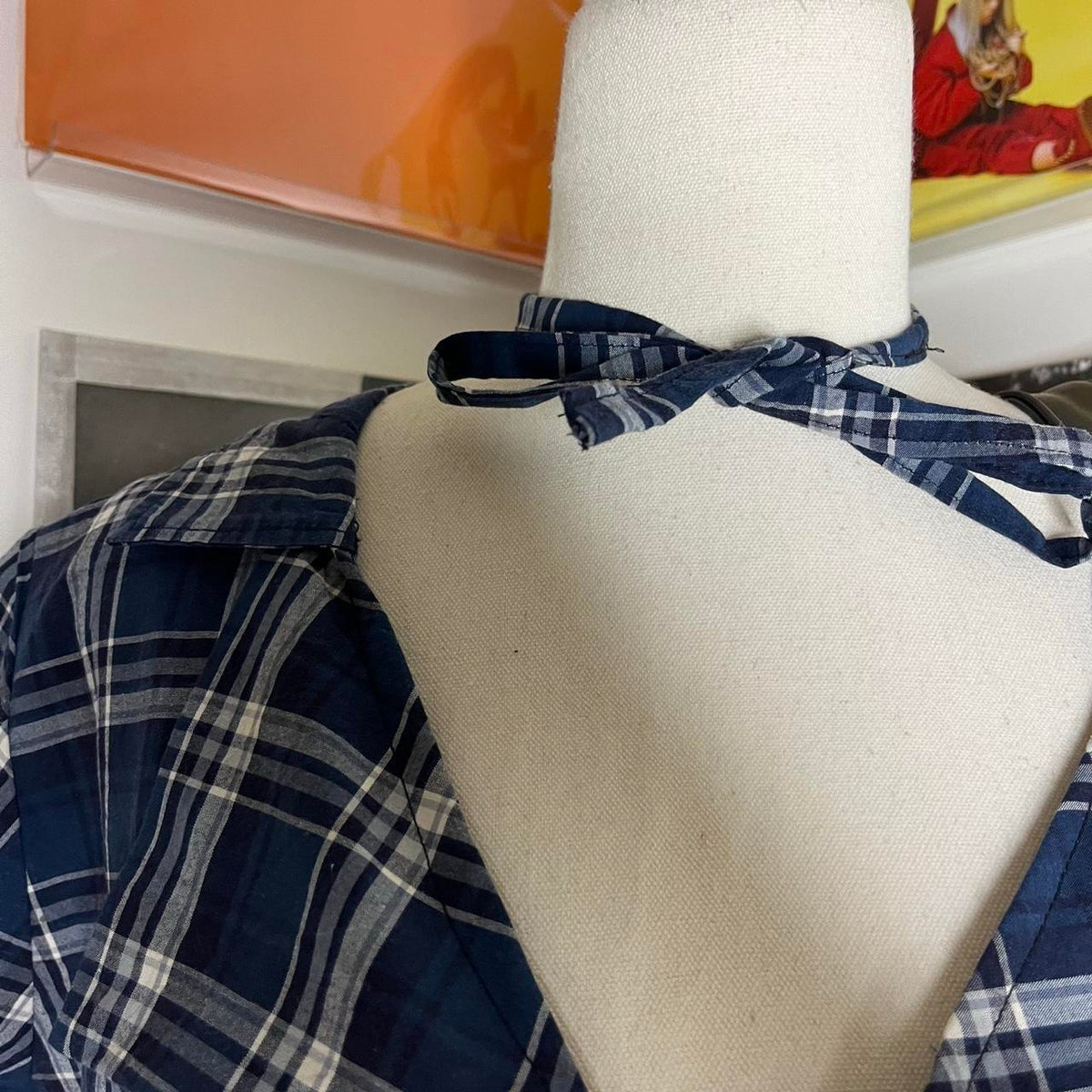 vintage handmade reworked blue plaid check collar shirt with neck tie
