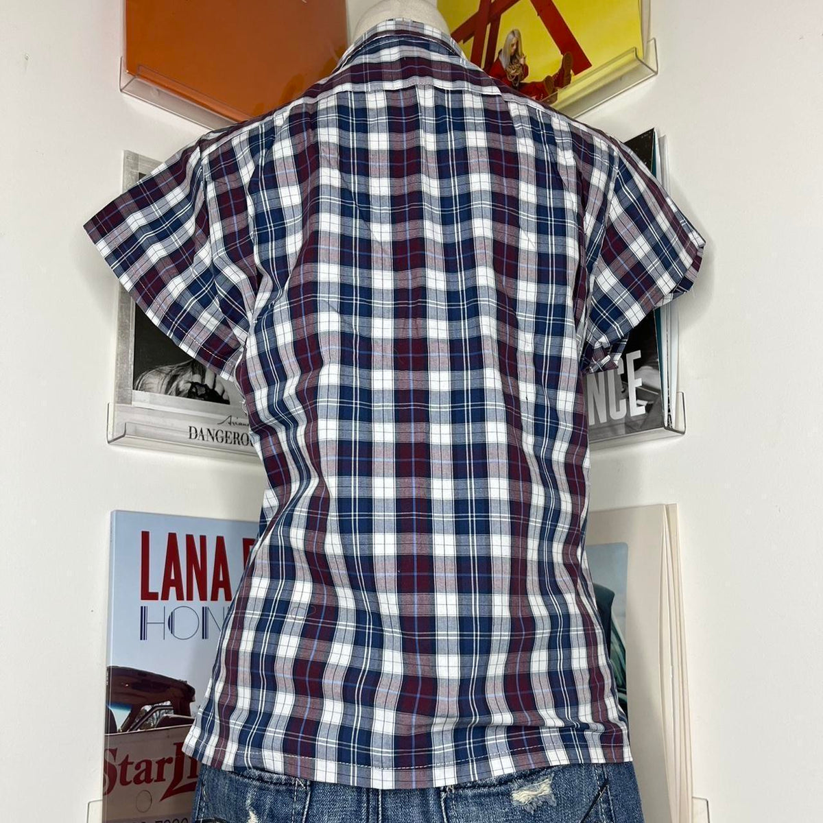 vintage handmade reworked red blue plaid check collar shirt with neck tie